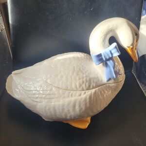 1980s Vintage Mother Goose Cookie Jar w/Blue Polka Dot Bow